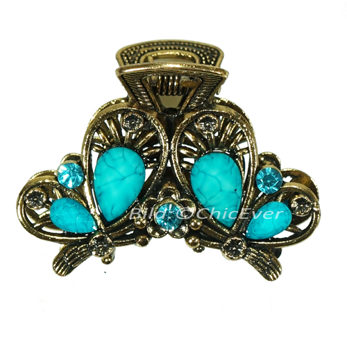 Haargreifer Schmetterlinge Haarklammer Metall Strass 3x2cm türkis gold 5702b - zum Schließen ins Bild klicken